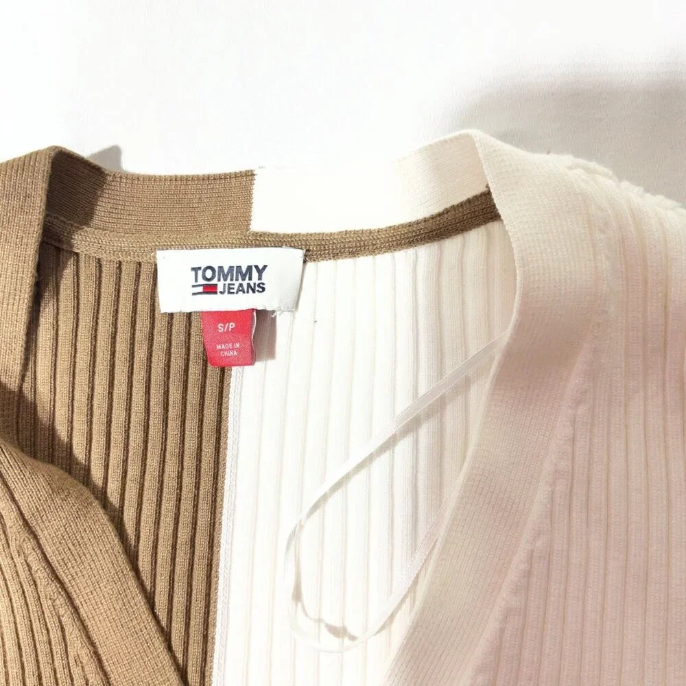 Tommy Jeans Two-Tone Ribbed Knit Button-Up  Size S Cardigan In White & Brown - Picture 7 of 10